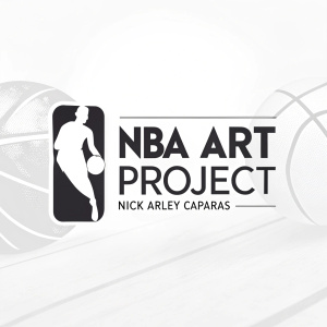 Minimalist logo design for NBA Art Project by Nick Arley Caparas. Simple abstract background with a sleek basketball figure and text.