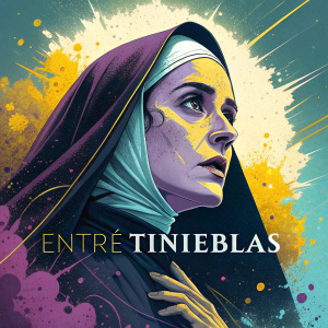 Movie poster for 'Entre Tinieblas' directed by Pedro Almodóvar. A stylized nun's face with abstract textures in vibrant colors like yellow, purple, and blue. Abstract shapes and splashes of color overlay the design.