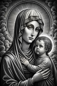 la virgen maría con el niño Jesús en sus brazos in gray scales