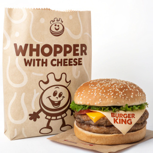 A Whopper burger with cheese, wrapped in kraft paper with a friendly cartoon mascot. The packaging features bold, clear text 'Whopper with Cheese' alongside the Burger King logo in a simple design.