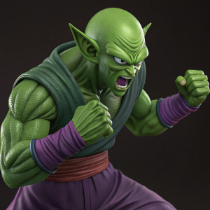3D render of Piccolo from Dragon Ball Z in a combat pose. Dark background, aggressive expression