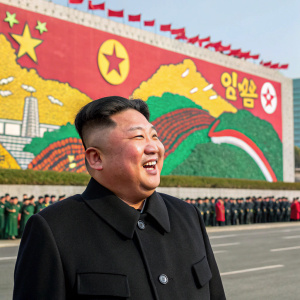 Kim Jong-un smiling widely in front of a vibrant mural. The mural depicts various national symbols in bright colors including red, yellow, and green. Festive crowd in background.