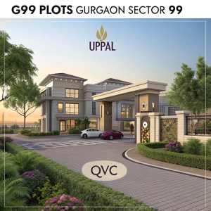 Luxurious real estate development, G99 Plots in Sector 99, Gurgaon. Modern entrance with Uppal's signage, spacious driveway, central QVC logo, sophisticated architecture