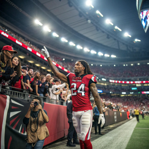 Devonta Freeman, donning Atlanta Falcons jersey and number 24, in the midst of a crowded stadium, surrounded by cheering fans.