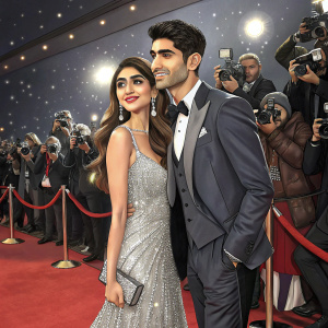 Varun Sood and Divya Agarwal, a charming couple, attending a Bollywood premiere. Varun in a sharp suit, Divya in a stunning silver sequined gown. Paparazzi flash as they pose for pictures.