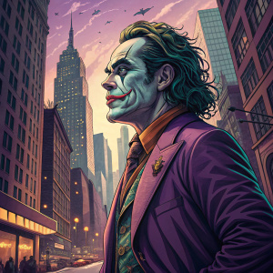 Joaquin Phoenix as Joker, in a vibrant graphic novel style illustration. Phoenix in a purple suit, detailed urban background