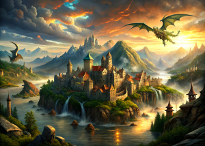 depiction of an old world full of dragons