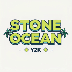 Modern graphic design featuring the Stone Ocean Y2K logo. Bold, cartoonish font in bright lime-green color.