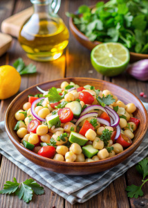 Chickpea Salad

**Ingredients:**
- 1 can (15 oz) chickpeas, drained and rinsed
- 1 cucumber, diced
- 1 bell pepper, diced
- 1/4 cup chopped red onion
- 1/4 cup chopped fresh parsley
- Juice of 1 lemon
- 2 tbsp olive oil
- Salt and pepper to taste



