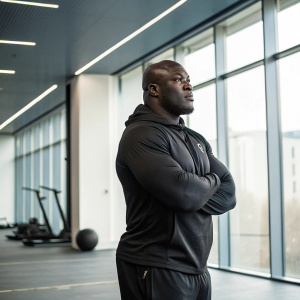 Adebayo Akinfenwa, the footballer, stands alone in a modern gym. Intense look on his face. Minimalist background