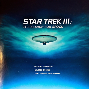Star Trek III: The Search for Spock Blu-ray cover. The cover features the iconic starship Enterprise against a dark backdrop. At the top, the title "Star Trek III: The Search for Spock" is boldly displayed in white. The cover lists special features such as director's commentary and deleted scenes. It also includes technical specifications and the Sony Pictures Entertainment logo.