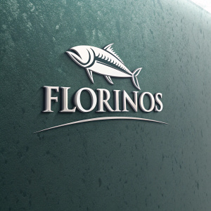 Florinos logo: sleek, modern design. Stylized fish, sans-serif font. Gray-green gradient backdrop. Minimalist, clean aesthetic.
