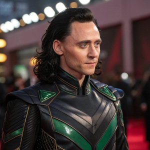 Detailed portrait of Tom Hiddleston as Loki, with intricate black and green costume details. His face and body prominently featured. Red carpet event backdrop