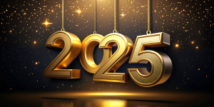 Happy new year "2025" square template with gold 3D hanging number. "2025" new year celebration
