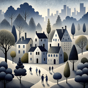 City houses and trees, people walk along the street seamless pattern in the style of Chagall