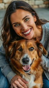 chica con el pelo moreno con ojos verdes y grandes, está sonriendo y mirando a la cámara. Acaricia a un perro