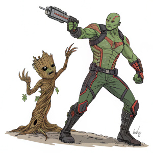 Drax the Destroyer from Guardians of the Galaxy standing next to Groot. Both in their iconic outfits. Comic book style illustration