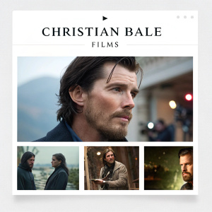Homepage of Christian Bale's official filmography site. Clean, modern design with a white background. Top header reads 'Christian Bale Films'. Below, a row of movie thumbnails showcasing diverse genres from intense dramas to subtle character studies. Each image links to detailed descriptions.