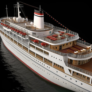 Digital 3D rendering of MV Wilhelm Gustloff. White and brown color scheme. Multiple decks, red-lined seating areas and railings, multi-level layout. Stark black background