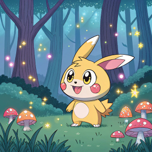 Koromon, a cute and cheerful digimon, in a vibrant pixel art style. Adventure forest background
