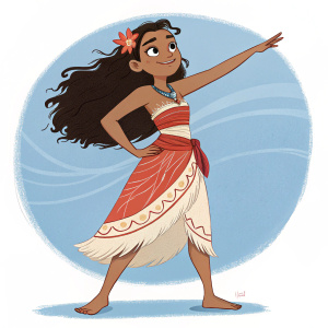 Illustration of Moana, Disney's oceanic hero, standing confidently in T-pose. She wears a flowing red and cream skirt, her dark hair flows freely. She has a warm, inviting expression. Simple blue background.