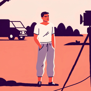 Zac Efron, wearing a white t-shirt and gray cargo pants, standing outdoors on a movie set. Camera crew and parked van visible in the background.