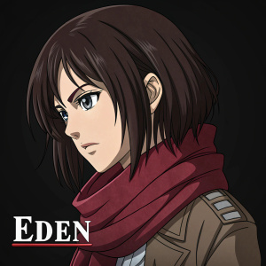 Digital illustration of Mikasa Ackerman from Attack on Titan. Dark brown hair, red scarf, serious face. Name 'eden' at the bottom. Solid black background