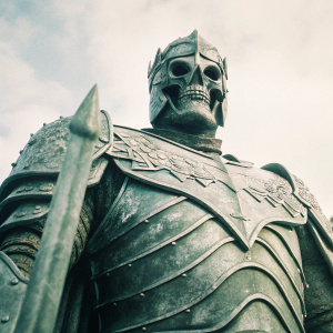 Imposing dark fantasy statue of a warrior with skeletal visage and ornate armor. Set against a black backdrop, the metallic sheen and intricate patterns on the armor create a foreboding presence. The statue's ancient and forged appearance dominates the scene.