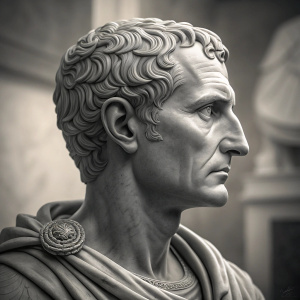 Highly detailed bust sculpture of Julius Caesar in grayscale digital 3D rendering. Close-up view showcasing wavy hair and stern expression