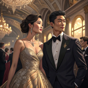 Dianne Doan and Manny Jacinto attending a gala. Elaborate golden decorations and chandeliers in the background.