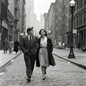 Emilio Estevez and Demi Moore in vintage black and white, walking down a cobblestone street in New York City.