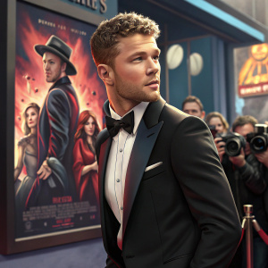 Ryan Phillippe, actor, in a sleek black tuxedo, striking a dynamic pose. The background is a vivid movie poster for an upcoming film release. The scene is set at a bustling promotional event.