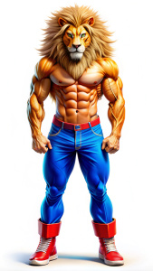 humanoid, muscular lion, long mane, blue pants, white feel, photo showing the entire body