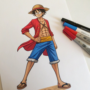 Digital art piece featuring Luffy from One Piece, standing boldly against a plain white backdrop. Vibrant hues of red, blue, and brown capture his muscular form and determined look, rendered with marker pens.