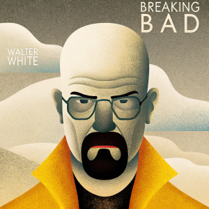Digital illustration of Walter White from Breaking Bad. Focused on his face, bald head, facial hair, intense expression. Yellow jacket, close-fitting clothes. Background with subtle green hues. Breaking Bad logo and artist's mark prominently displayed.