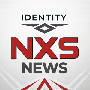 Concept design for Axis News logo. Bold 'Identity' above stylized 'NXS NEWS' in modern angular font. Neutral white background with gray logo and red accents for a sleek, modern look.