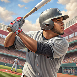 Keibert Ruiz, Hispanic baseball player, in intense batting stance. Gray jersey, gray helmet. Vibrant stadium atmosphere, spectators cheering. Outdoor baseball game, high-resolution action shot.