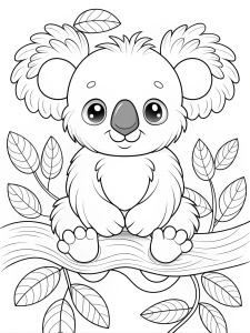 COLORING PAGE OF a cute koala sitting on a tree branch BLACK LINE ART,




