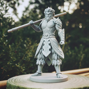 A digital 3D model of Sun Wukong, mythical Chinese monkey king, striking a dramatic pose. His figure showcases detailed traditional Chinese artistry and fantasy elements, predominantly gray with intricate patterns. The model is set on a simple circular base against a plain white backdrop, ideal for high-resolution 3D printing.