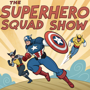 Dynamic animated poster featuring Marvel's Superhero Squad Show. Captain America, Wolverine, and other superheroes leap into action against a dazzling backdrop. Title 'The Superhero Squad Show' in bold at top.
