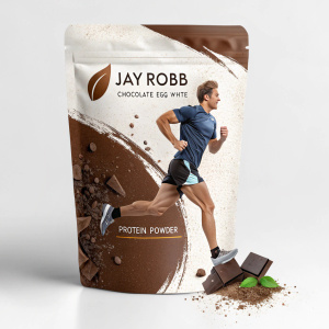 Product packaging for Jay Robb Chocolate Egg White Protein Powder. Confident-looking male model in athletic gear. Textured brown and white background. Detailed product information and features highlighted.