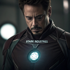 Close-up of Robert Downey Jr. as Iron Man. Stark Industries logo, arc reactor glowing. Dark, moody setting with intricate suit details
