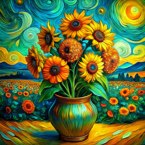 Van Gogh tarzında Put sunflower flowers in the vase