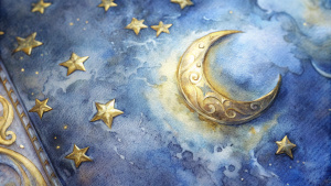 portada de libro antiguo desde cerca, con grabados de lunas y estrellas en dorado