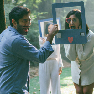 Simon Saran and Farrah Abraham engaging in a fun social media moment with a mysterious woman. Twitter-like interface, playful tone