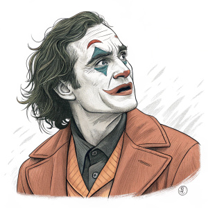 Joaquin Phoenix as Arthur Fleck, the joker, illustrated in a sketch-like style. Intense, cartoonish depiction of heightened emotions with minimal shading