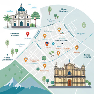 Interactive map of Antigua Guatemala. Modern design. Highlighting key landmarks and points of interest.