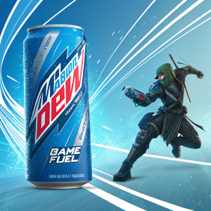 Digital poster for Mountain Dew Game Fuel. Sleek can design, blue and white accents. Surrounded by motion lines. Video game character in combat stance on right.