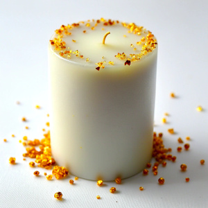 white candle with golden flakes  on top of the candle, without a flame. front top angle shot