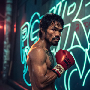 Manny Pacquiao, champion boxer, fierce look, standing alone against neon-lit graffiti background.